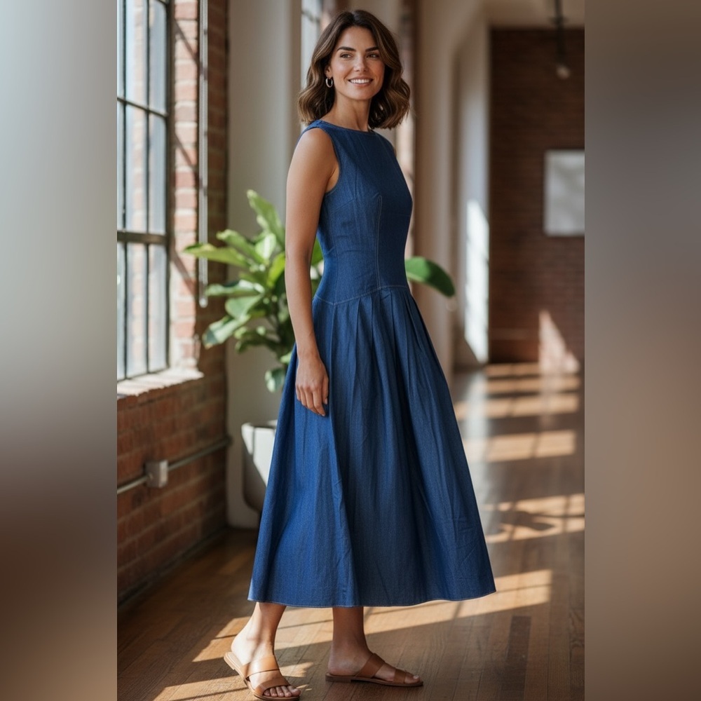 Commense Denim-Style Sleeveless Maxi Dress in Navy Blue - Picture 1 of 12